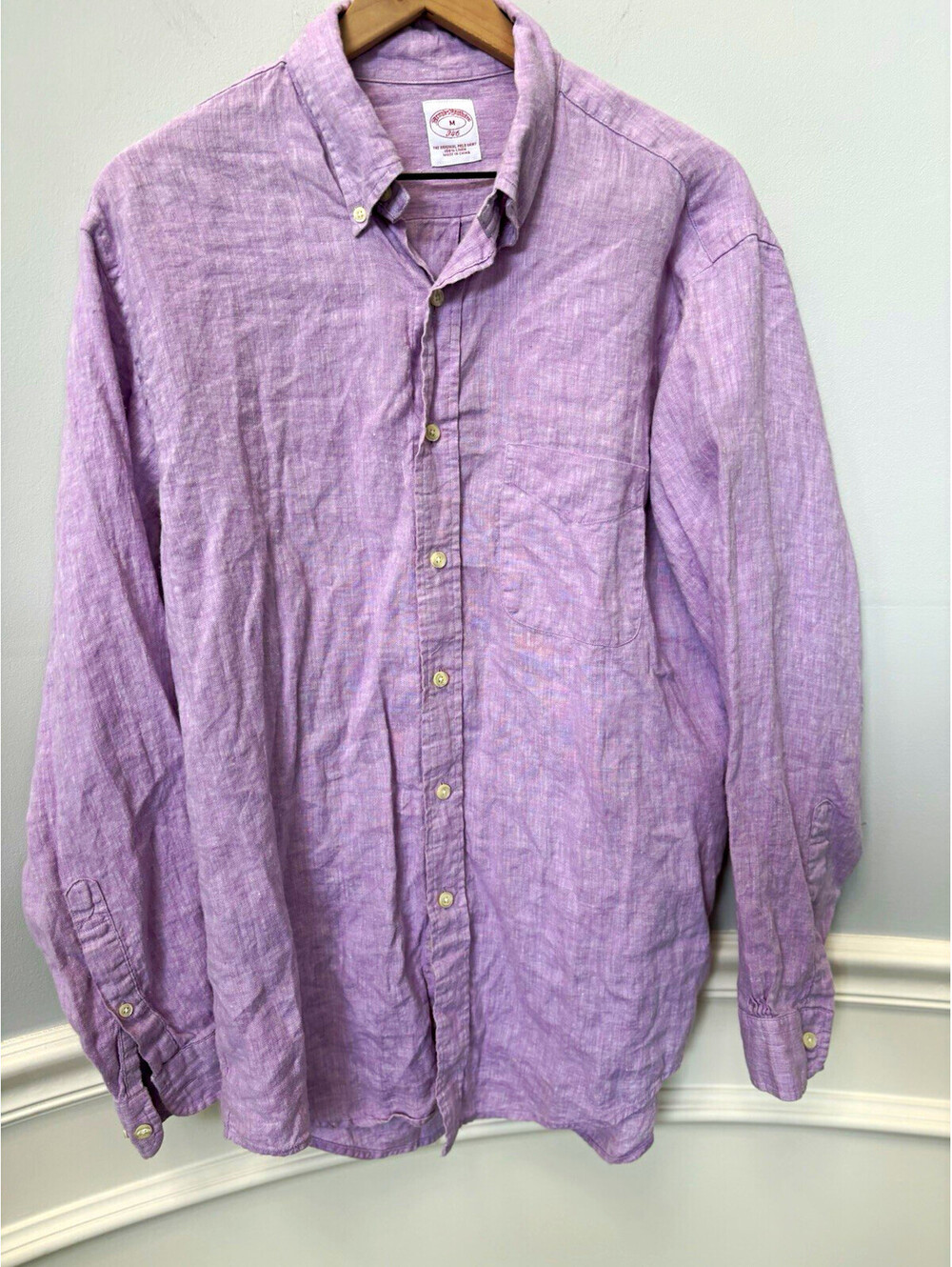 Brooks Brothers Purple Solid Linen Woven Button-Down Long Sleeve Shirt Men's M